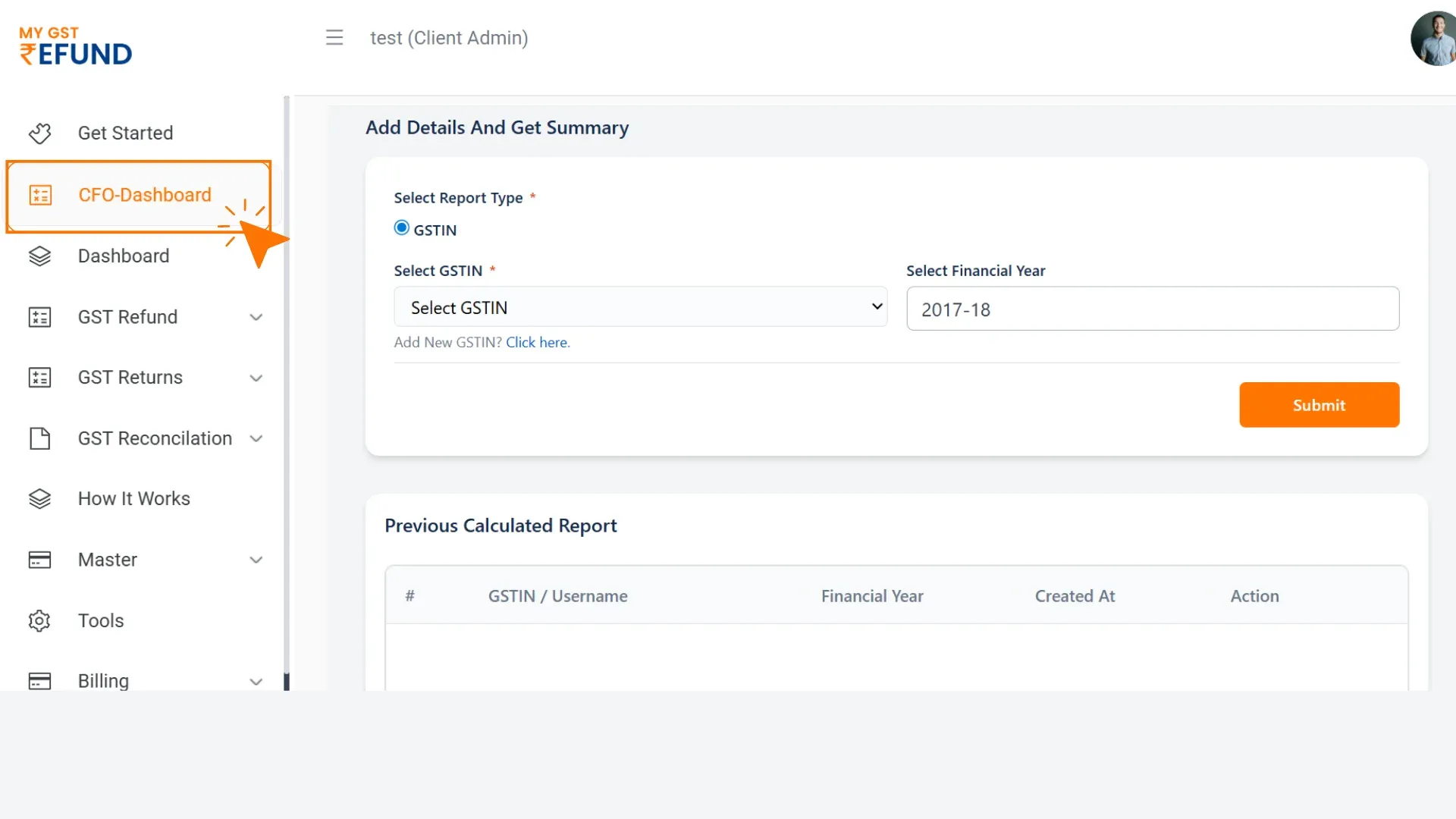 CFO Dashboard login step 1