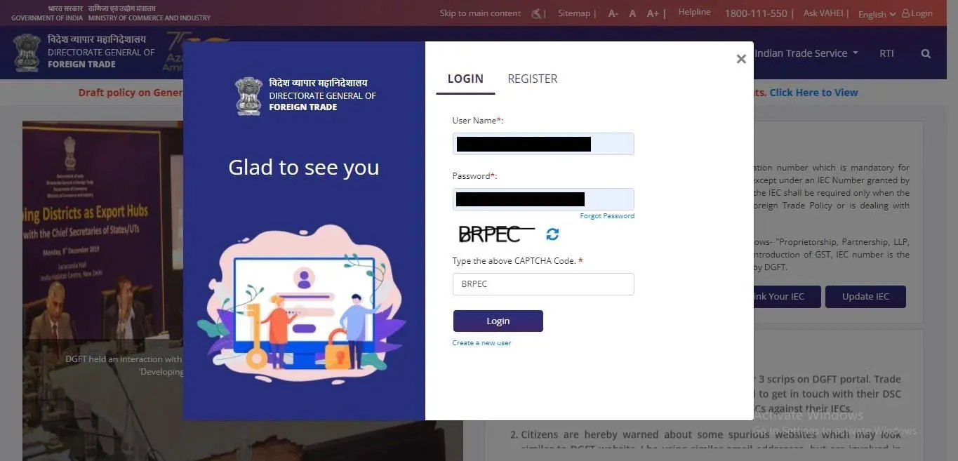 Log in to the DGFT Portal