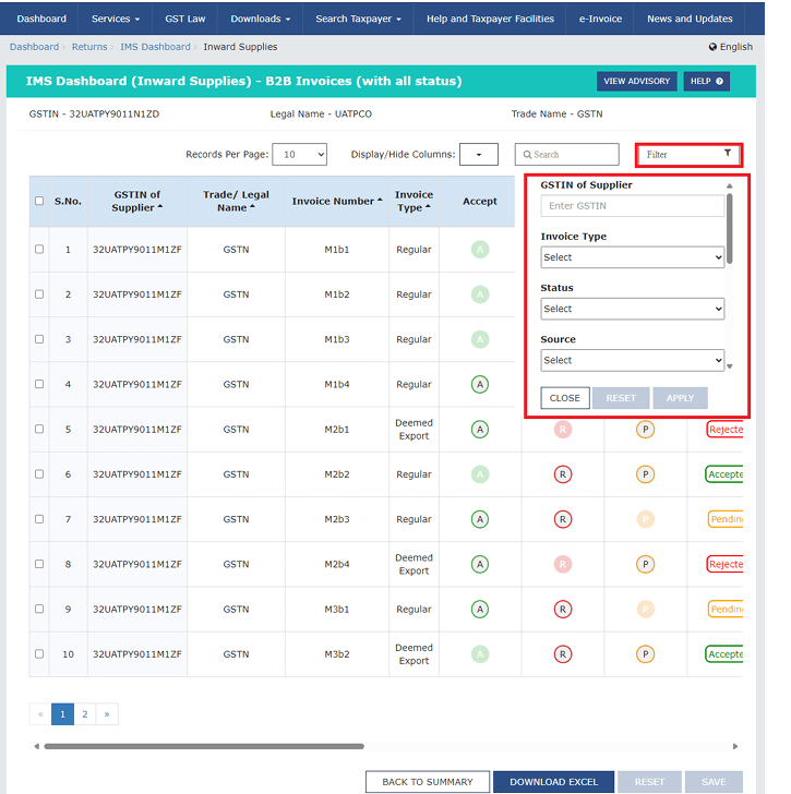 status or section on IMS