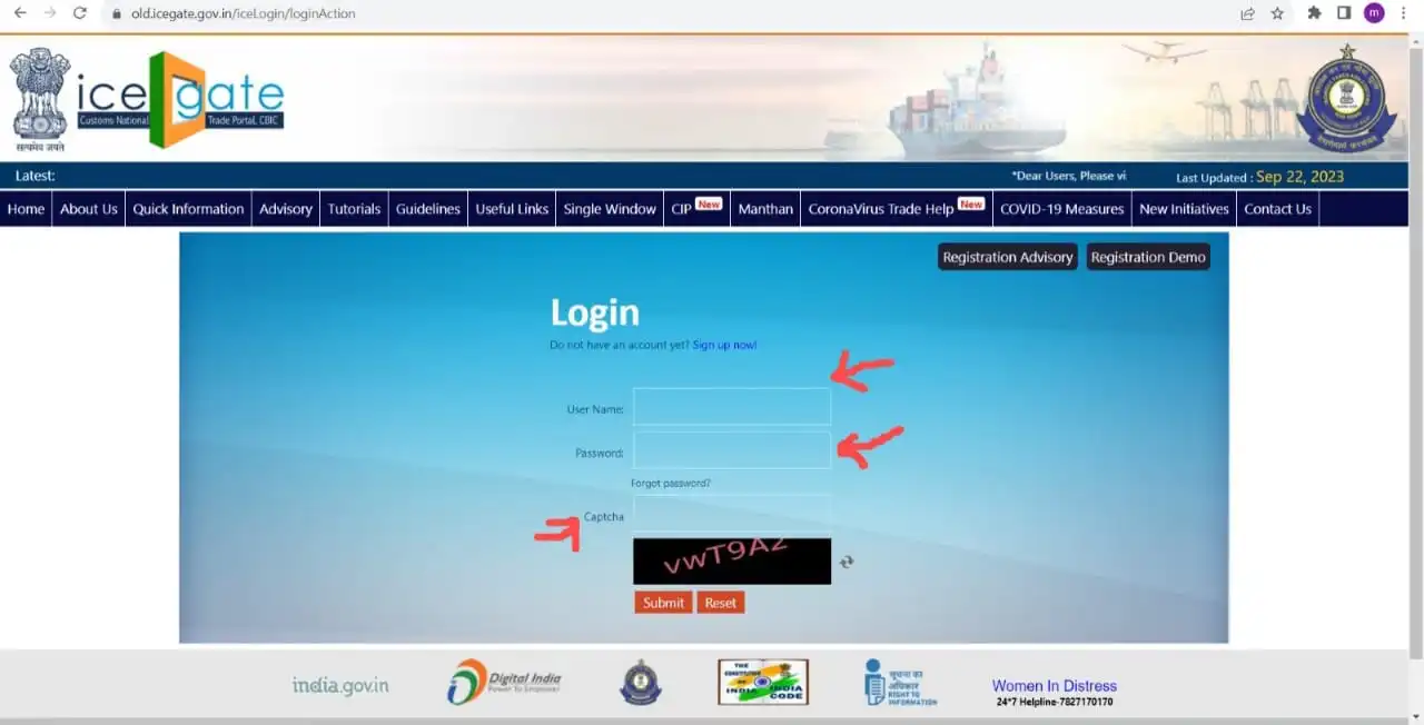 On the login page, input your existing user ID, password, and CAPTCHA, then click "Submit.